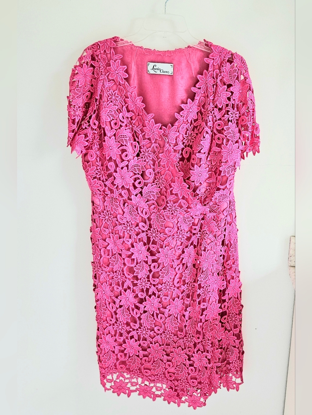 Lourdes Chavez Silk Pink Lace Eyelet Wrap Dress Vintage